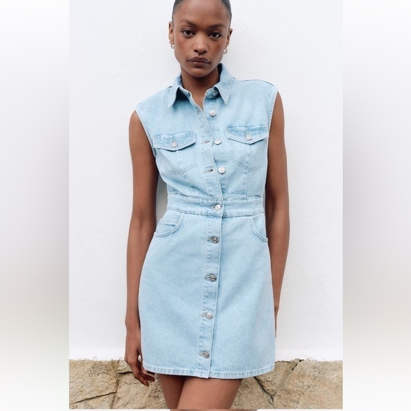 New ZARA Sleeveless Denim Mini Dress - Picture 1 of 9